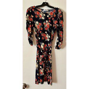 Veronica M Navy Blue Red Floral Wrap Dress M Stretch Ruched Sleeve